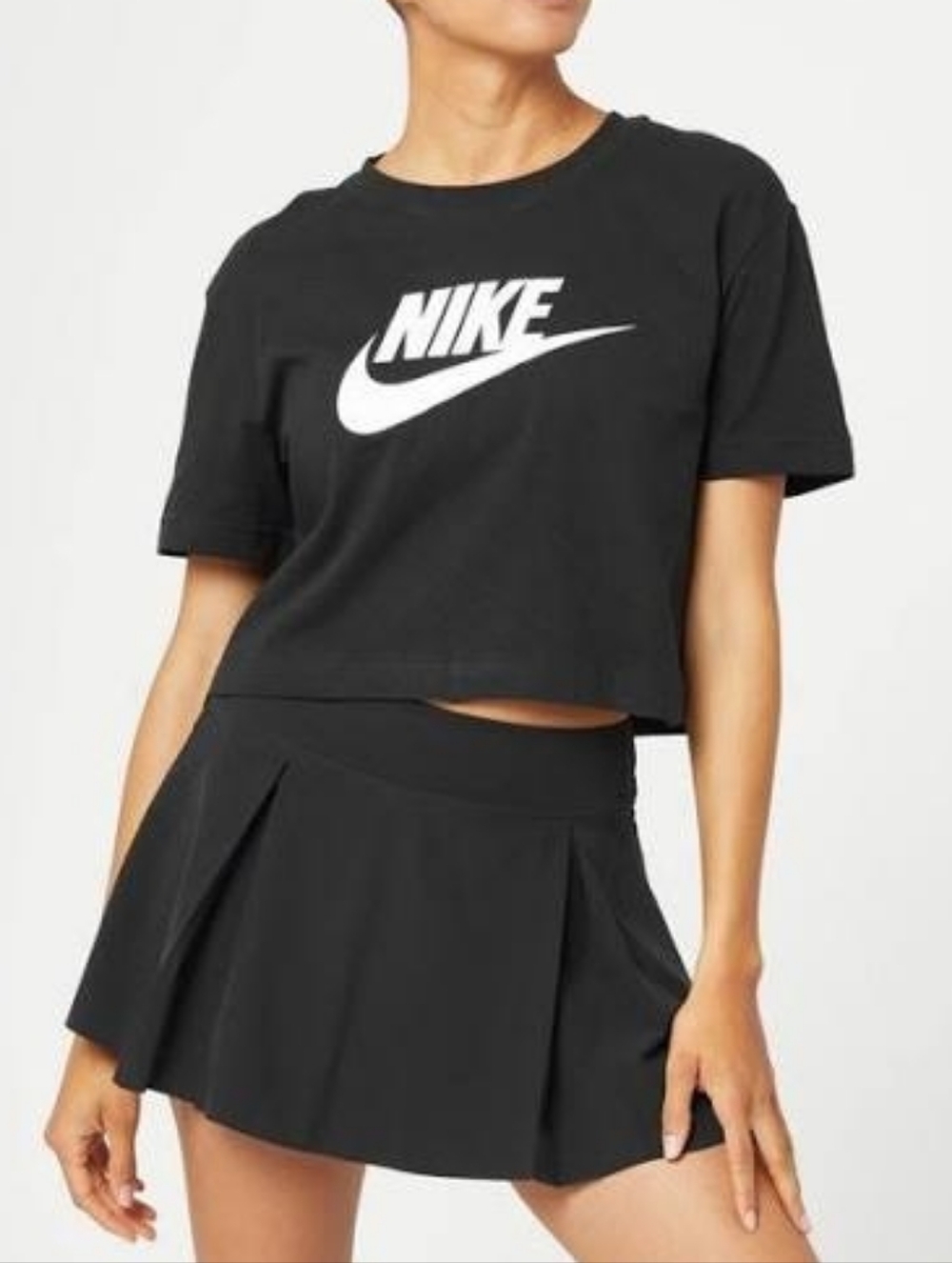 Nike Sportswear Essential Black Crop T-Shirt with White Swoosh Logo